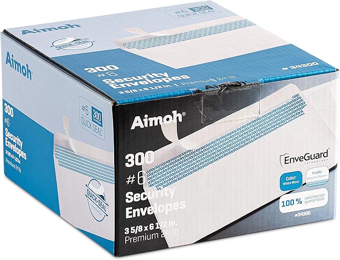 Aimoh #6 3/4 Security Tinted Self-Seal Envelopes - No Window, EnveGuard, Size 3-5/8 X 6-1/2 Inches - White - 24 LB - 6 pack / 1800 Ct. (34300-CS)