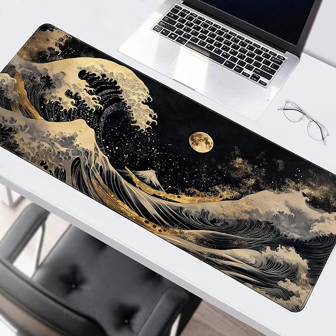 Long Gaming Mouse Pad Extended Anime Large Desk Pad with Non-Slip Base Full Keyboard Mat with Stitched Edges for Gaming and Office 31.5 x 11.8 inches (Sea Full Moon)