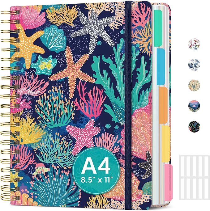 Spiral Notebooks for Work 5 Subject Notebook with Removable Dividers | Aesthetic Hardcover Journal for Women 8.5" x 11" College Ruled 280 Pages Journal for School & Note Taking, Coral Reef