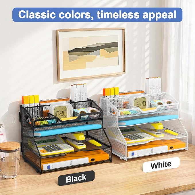 4 Tier Metal Desk Organizer with Magazine File Holder, White | Space saving workspace desk file trays. Includes pencil holder and portable handles. Ideal for school and office supplies