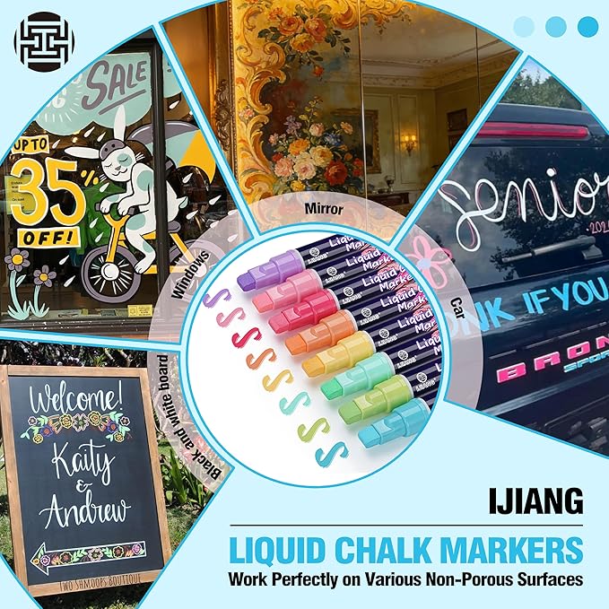 IJIANG Liquid Chalk Markers for Window, Glass, Mirror, Cars, Erasable Chalk Markers Pastel 8Colors with 3-in-1 Tips, Drawing Chalk Pens For Blackboard, Chalkboard, Calendar, Whiteboard