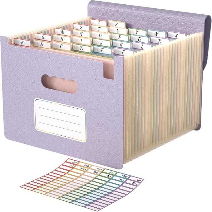 ABC life 26 Pockets Accordion File Organizer, Dusty Lavender | Expanding File Folder for Letter/A4 Size, Portable Document Holder with A-Z Tabs for Tax Receipt, School, Home, Office