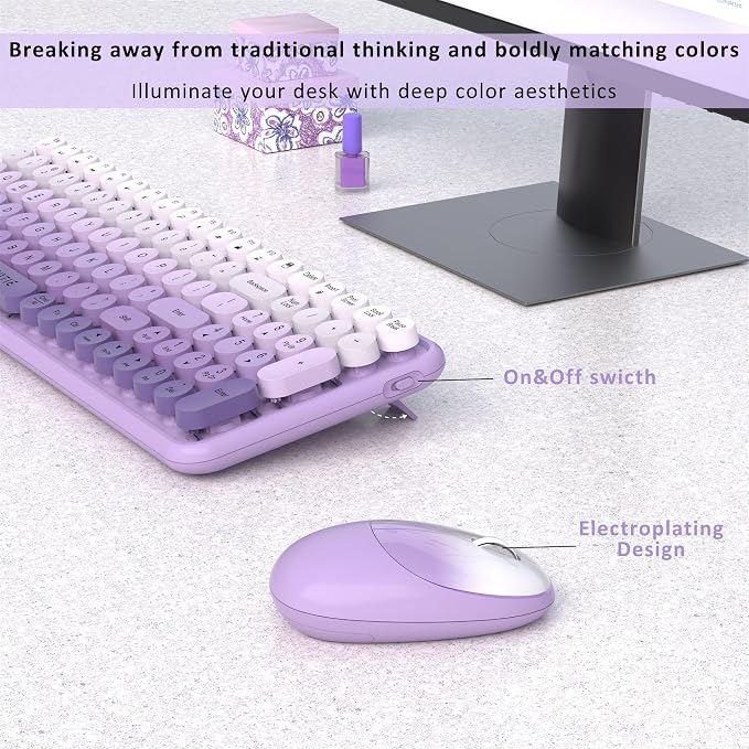UBOTIE Wireless Keyboards and Mouse Combo (Purple Gradient) | Colorful Gradient Rainbow Color Retro Typewriter Flexible Keyboard, 2.4GHz Connection and Optical Mouse for PC Wins Mac