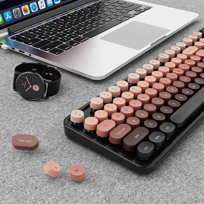SkyGive Wireless Keyboard and Mouse Combo, Ergonomic Full Size Typewriter Retro Round Keycaps Keyboard, Compatible with Windows, PC, Perfer for Home and Office Keyboards (Aurora Red)