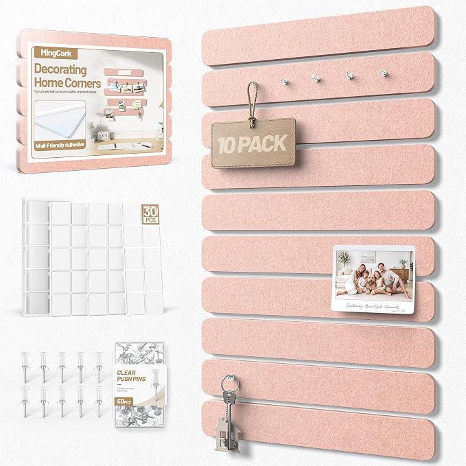 10 Pack 13"x2" Cork Board Strip with Removable Adhesive Squares & Push Pins | Pin Board Alternative Felt Strip Bulletin Board, Felt Board for Photo & Note Display, Home Office Decor - Pink