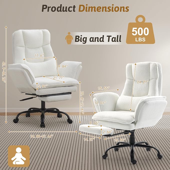Wider Seat Office Chair with Flip Armrests for Criss Cross Legged&Cats, Big and Tall Executive Ergonomic Reclining Chair with Footrest&Lumbar Pillow, Teddy Fleece Desk Chair,White Vanity Chair