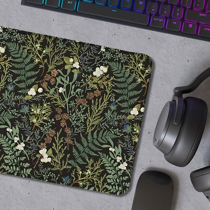 Dark Green Plant Mouse Pad,Vintage Green Fern Leaves Botanical Cottagecore Mouse Pads for Wireless Mouse Computers Laptop Desk Accessories, Plant Desk Accessories,9.5x7.9 Inch