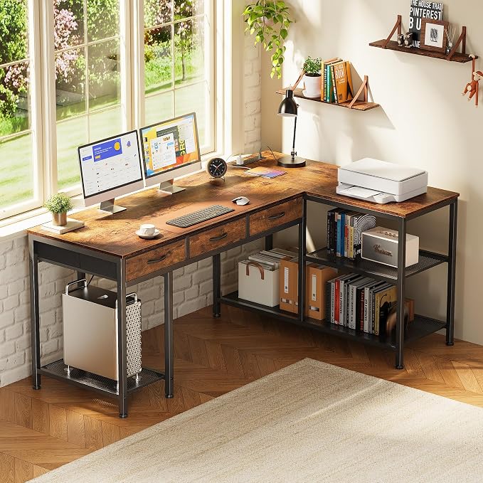 55 Inch L Shaped Office Desk with Power Outlets and Type-C Port, Large Computer Gaming Desk with 3 Fabric Drawers, Mesh Shelves, Corner Study Work Writing Desk, Rustic Brown