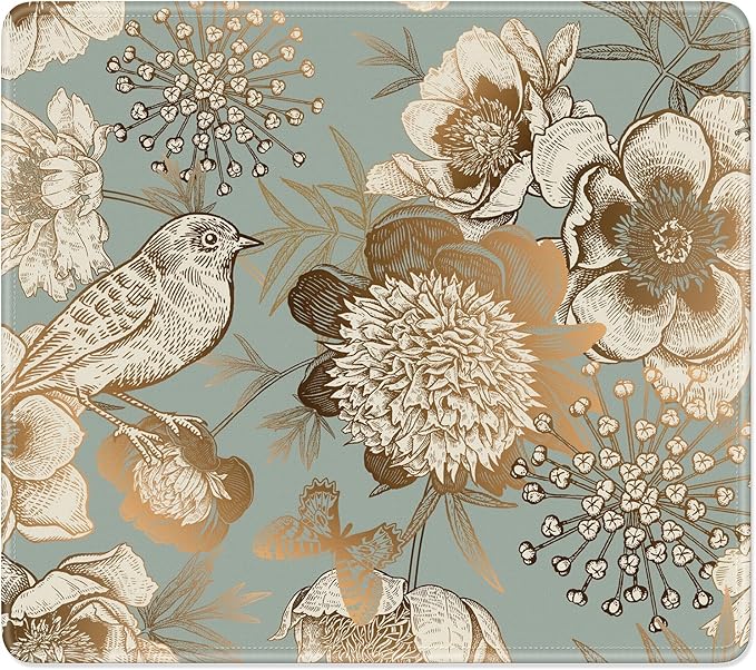 Mouse Pad, Minimalism Marble Style Computer Pad, Anti-Slip Rubber Mouse Mat with Stitched Edges for Gaming, Office, Laptop, PC, Women, 9" x 8" Thick 3 mm, Classical Flower and Bird