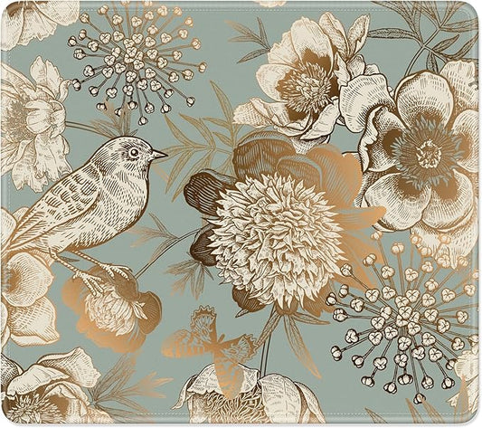 Mouse Pad, Minimalism Marble Style Computer Pad, Anti-Slip Rubber Mouse Mat with Stitched Edges for Gaming, Office, Laptop, PC, Women, 9" x 8" Thick 3 mm, Classical Flower and Bird
