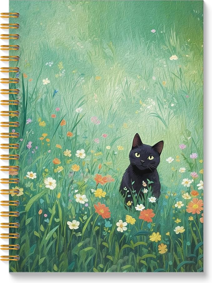 ROXMART Black Cat Wildflower Field Spiral Notebook, Black Cat Gifts Journal, Gifts for Cats Lovers, Rustic Floral Cute Kitty Kitten Hardcover Notebook Journal, 5.5x8.3 Inch