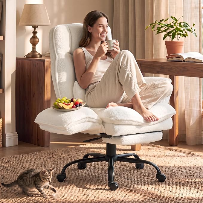 Wider Seat Office Chair with Flip Armrests for Criss Cross Legged&Cats, Big and Tall Executive Ergonomic Reclining Chair with Footrest&Lumbar Pillow, Teddy Fleece Desk Chair,White Vanity Chair