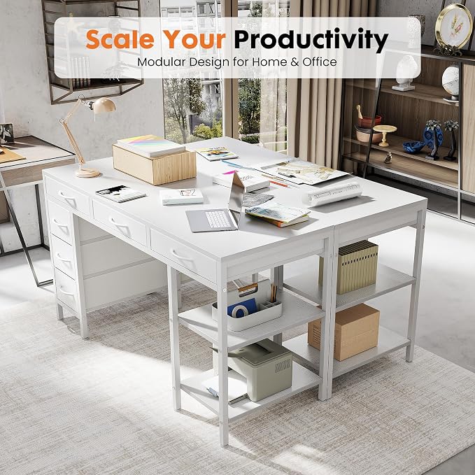 OLIXIS 56 Inch Computer Desk with 6 Fabric Drawers, for Home Office Work | 6 Fabric Drawers & Reversible Gaming Desk, Office Workstation, Corner Desk with Storage, Home Office,Living Room, Dorm, White