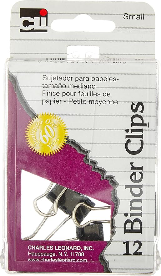 Charles Leonard Binder Clips, Small, Reusable Box, 12/Box (79312)
