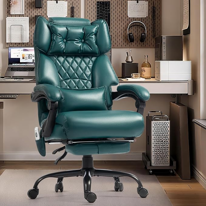 Massage Office Chair with Foot Rest,6 Points Vibration & Heat Executive Office Chairs for Heavy People,500LBS Big and Tall Office Chair,Ergonomic Reclining Desk Chair,Dual-Use Pillow,Home Office,Green
