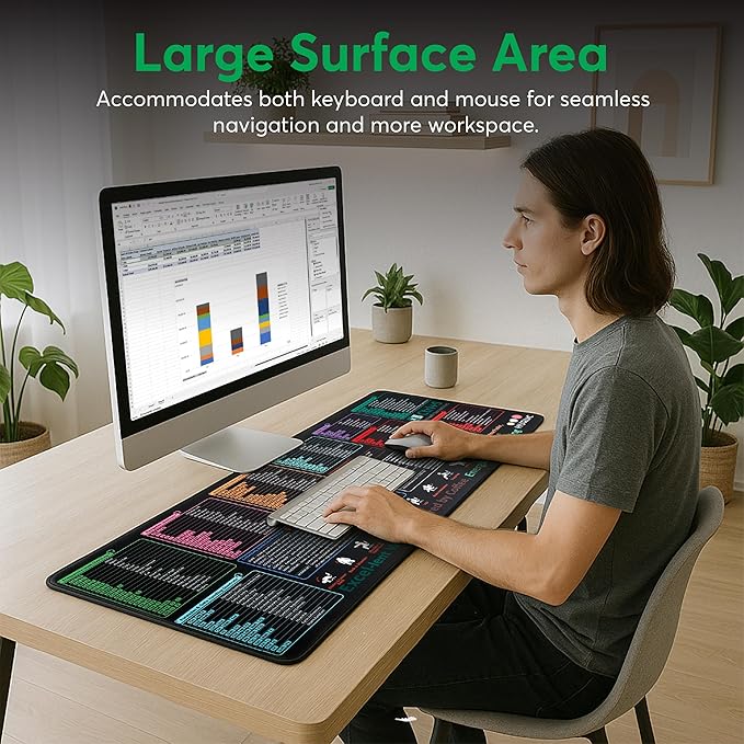 Excel Cheat Sheet Desk Pad – XL Excel Mouse Pad Shortcuts 35.5"x15.7", Waterproof Non-Slip Desk Mat with Shortcut Keys & Formulas, HD Print, Stitched Edges for Work & Gaming