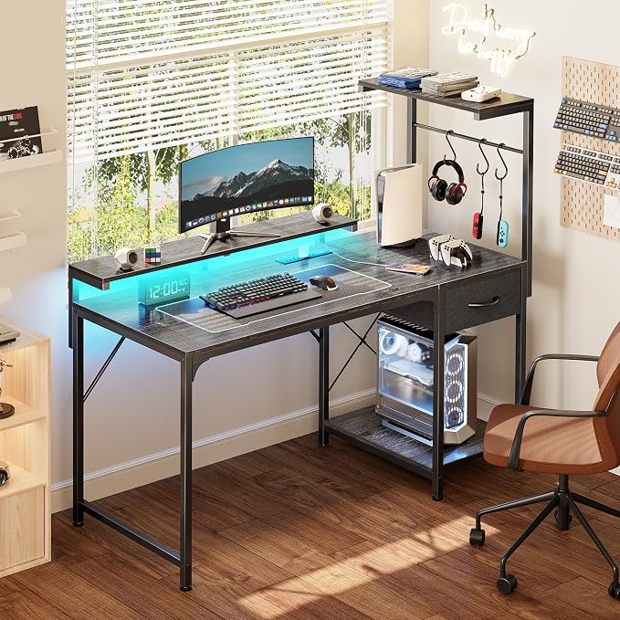 47.2 Inch Gaming Desk with LED Lights & Power Outlets | Computer Desk with Drawer & Storage Shelves, Office Writing Desk with Monitor Stand for Work from Home, Grey