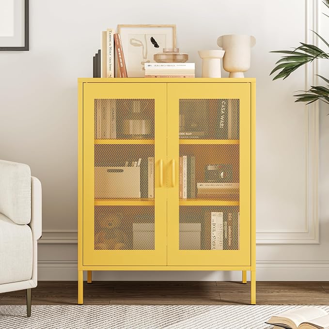 Chshin Metal Locker Storage Cabinet with 2 Mesh Doors and Adjustable Shelves,Yellow Metal Locker Cabinets,Coffee Bar Cabinet,Kitchen Pantry Storage Cabinets for Home,Sideboard,Office(40" H)