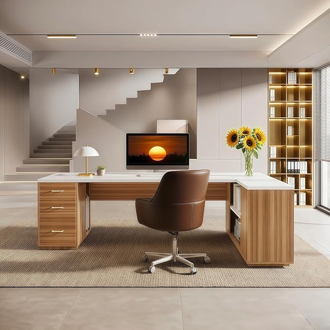 Tribesigns 85.8" L-Shaped Executive Desk, Extra Large Office Desk with File Drawers, Modern Business Furniture, Computer Desk Workstation with Door Cabinet, Shelves for Home Office, White & Brown