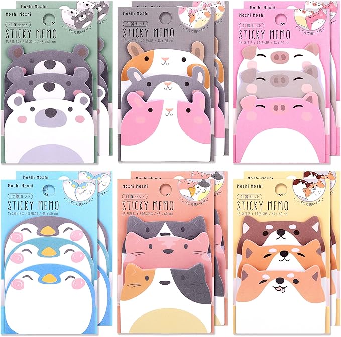 Cute Sticky Notes, 12 Pack 540 Sheets Kawaii Cartoon Animal Sticky Notes, Mini Cartoon Notes Animals Shape Markers Flags Self-Stick Memo Pads for School Home Office