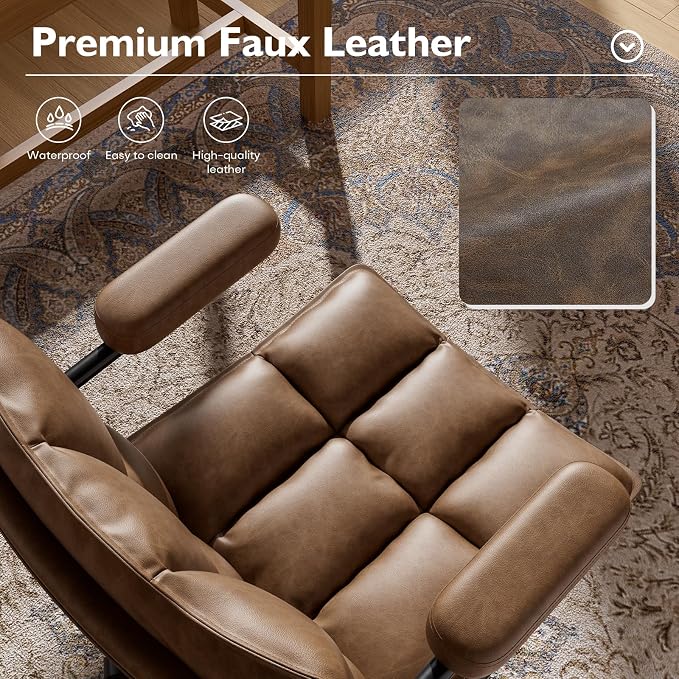 Mid Century Modern Desk Chair, Vintage Leather Office Chair, Brown | Petite Computer Chair for Small to Medium Women, Thickened Back, Cozy Seat, Adjustable Height for Home