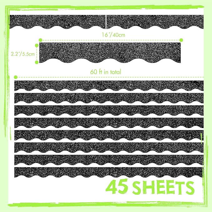 60 Feet Bulletin Board Borders, 45 Sheets Glittering Scalloped Border Trim, Walls, Desks, Windows, Doors, Chalkboards, Whiteboards Decors for School, Classroom, Home & Offices (Black)