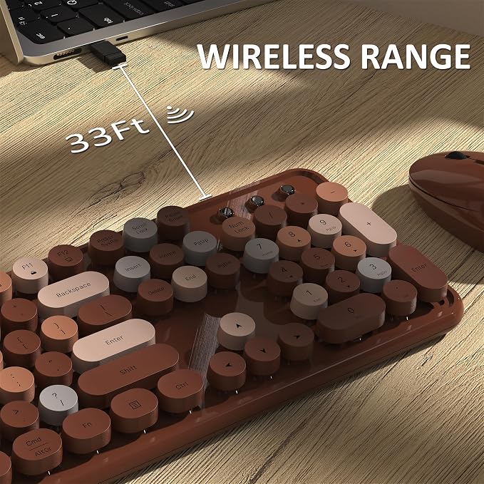 Links9+ Colorful Wireless Keyboard and Mouse Combo (Coffee Colorful) | Full-Size Retro Typewriter Style Keyboard with Vintage Round Keycaps, 2.4G Wireless Set for Windows, Mac, Laptop, PC, Desktop