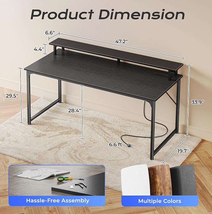 48 inch Gaming Desk, LED & Power Outlets, Monitor Stand, Black | Sturdy PC Desk for Home Office, Study & Work, LED Lights, 4 AC Outlets & USB-C Charging Station