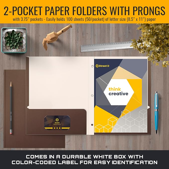 Better Office Products Brown Paper 2 Pocket Folders with Prongs, Matte Texture, Letter Size Paper Folders, 50 Pack, with 3 Metal Prong Fastener Clips, Brown