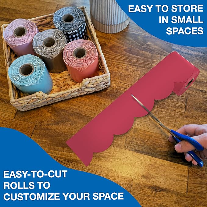 Carson Dellosa 65Ft of Berry Red Bulletin Board Borders, 1 Roll of Scalloped Trim for Rolling Whiteboard, Cork and Posterboard, Party, Christmas Decorations, and Classroom Decor