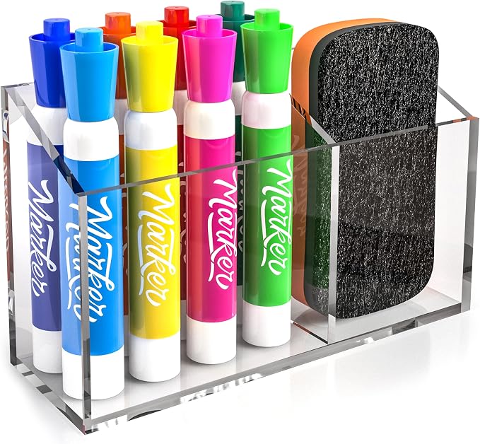 Acrylic Magnetic Marker Holder for Whiteboard Pen Organizer 2 Compartments Teacher Classroom Organization Magnetic Pencil Holder for Refrigerator Classroom Decor Office Modern White Board Accessories