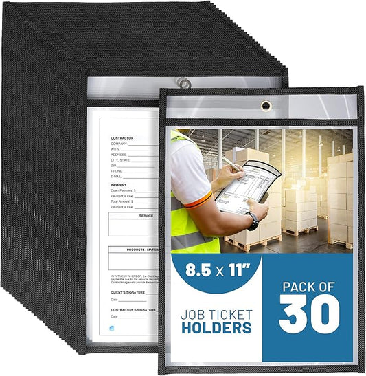 30 Pack Job Ticket Holders 8.5x11 - Work Order Plastic Sleeves for Documents - 8 1/2 x 11 Shop Ticket Holders - Heavy Duty Sheet Protectors - Dry Erase Pocket Sleeves - Dry Erase Clear Pocket Sleeve