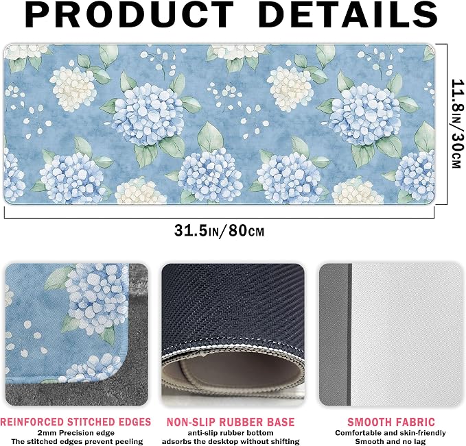 Hydrangea Desk Mat, Blue and White Flroal Mouse Pad, 31.5x11.8