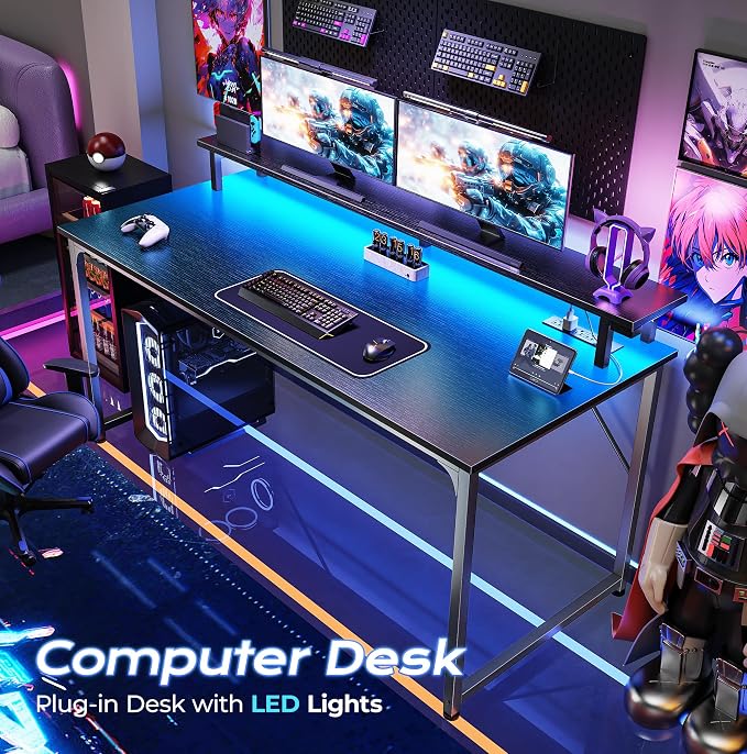 48 inch Gaming Desk, LED & Power Outlets, Monitor Stand, Black | Sturdy PC Desk for Home Office, Study & Work, LED Lights, 4 AC Outlets & USB-C Charging Station