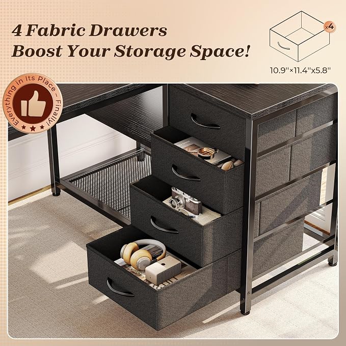 43.3" Small L Shaped Desk with Power Outlets & 4 Drawers | Reversible Computer Desk with 2 Storage Shelves, Corner Office Desk for Gaming Writing Work Study, Black
