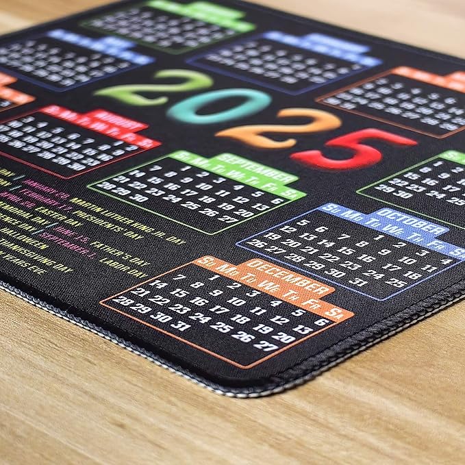 Mouse Pad with Stitched Edge, Computer Mouse Pad with Non-Slip Rubber Base, Mouse Pads for Computers Laptop Mouse 9.6x7.9x0.1 inch, (2025 Calendar Black)
