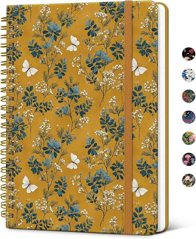 Taja Spiral Journal Notebook for Women, Pretty Hardcover Lined Notebook for Work & Note Taking, Aesthetic Cute Journal for Writing, 140 Pages, 5.8"x8.3", Golden Grove