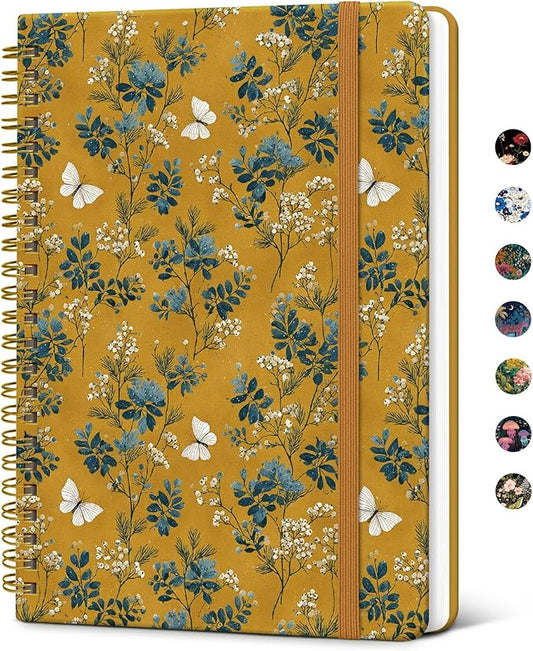 Taja Spiral Journal Notebook for Women, Pretty Hardcover Lined Notebook for Work & Note Taking, Aesthetic Cute Journal for Writing, 140 Pages, 5.8"x8.3", Golden Grove