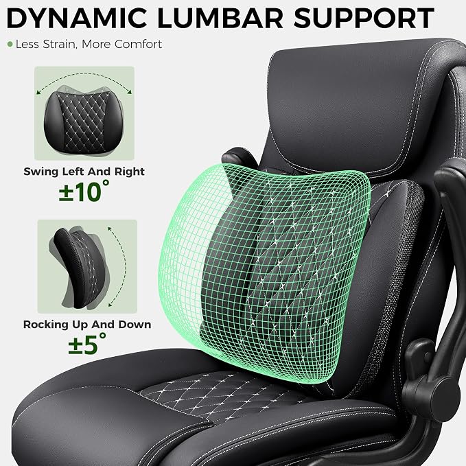 Office Chair, Ergonomic Executive Desk Chair with Lumbar Support for Lower Back Pain Relief, Padded Flip-Up Armrests, Leather Home Office Chair, Black