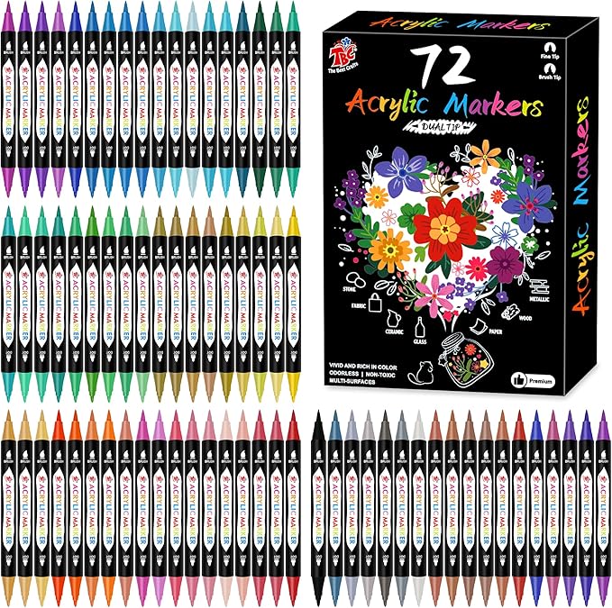TBC The Best Crafts 72 Colors Dual Tip Acrylic Paint Markers,Waterproof, Non-Toxic, odorless, Suitable for Paper, Pottery, Stones, Backpacks, Glass