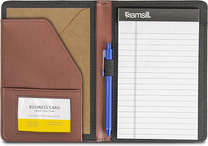 Samsill Contrast Stitch Faux-Leather Portfolio, Mini Size Business Interview Professional Padfolio, Includes 5 x 8 Inch Writing Pad, Brown