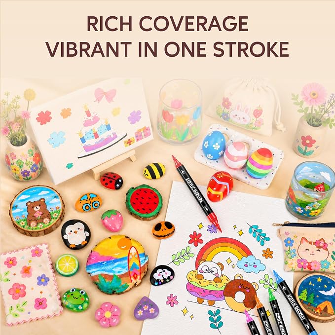 Pagather Acrylic Paint Markers, 48 Colors Dual Tip Fine & Brush Pens Set | For Rocks, Fabric, Wood, Glass & More, Perfect for DIY Crafts and Creative Art Projects with Bright, Smooth and Quick-Dry Ink