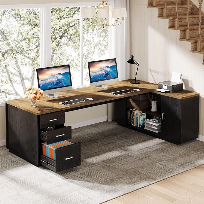 Tribesigns 85.8-Inch L-Shaped Executive Desk, Extra Large Modern Office Desk with File Drawers, Door Cabinet & Shelves, Commercial Office Table, Home Business Workstation, Light Brown & Black