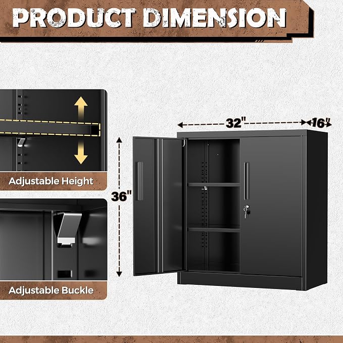 Steel Storage Cabinet with Lock, Lockable Metal Storage Cabinets with 2 Adjustable Shelves, Black Counter Height Garage Cabinet