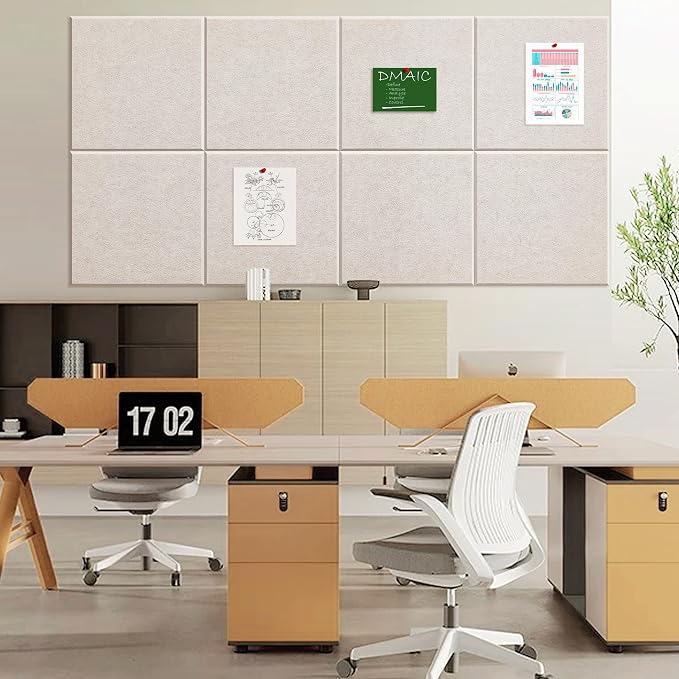 1/2'' Thick Cork-Bulletin Board Felt Wall Tiles Squares 12 x 12 in | 1700g/m² High Density Felt Pin Boards for Walls, Adhesive, Frameless, Modular, Renter Friendly, Removable, Light Color, 8Pcs