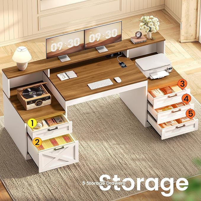 SEDETA 63" Farmhouse Office Desk with 5 Drawers, White and Brown | Executive Computer Desk with LED Lights & Monitor Stand, Wood Home Office Desk with 2 Printer Stand & Power Outlet