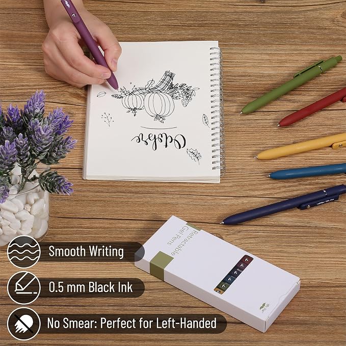 Mr. Pen- Retractable Gel Pens, 6 Pack, Vintage Color Barrels, Black Ink | Fast Dry, Fine Point 0.5mm, Cute and Aesthetic for Journaling