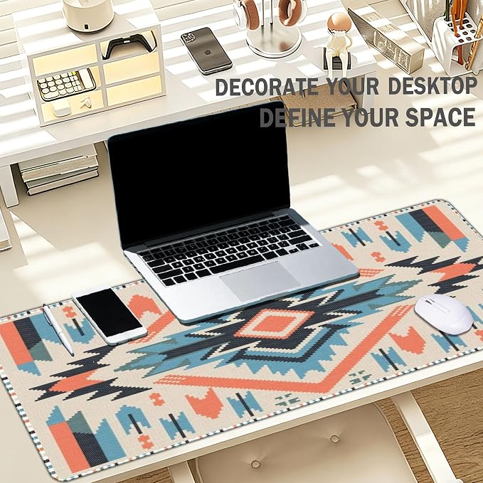 Western Rug Mouse Pads Vintage Southwest Desk Mats for Computers, Retro XL Large Aztec Desk Accessories Office Decor Blue Orange Gaming Full Desks Computer Mat for Women Men 31.5x11.8