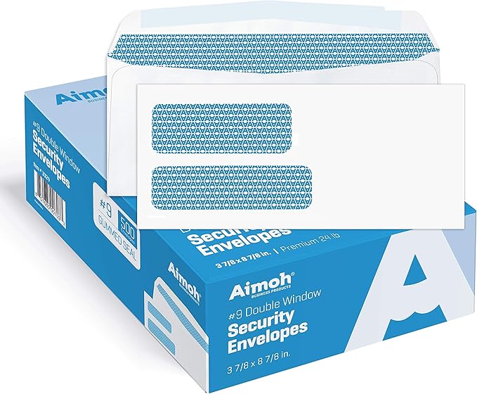 Aimoh #9 Double Window Security Business Mailing Envelopes for Invoices, Statements and Legal Documents - GUMMED Closure, Security Tinted - Size 3-7/8 x 8-7/8 - White - 24 LB - (30129-CS)