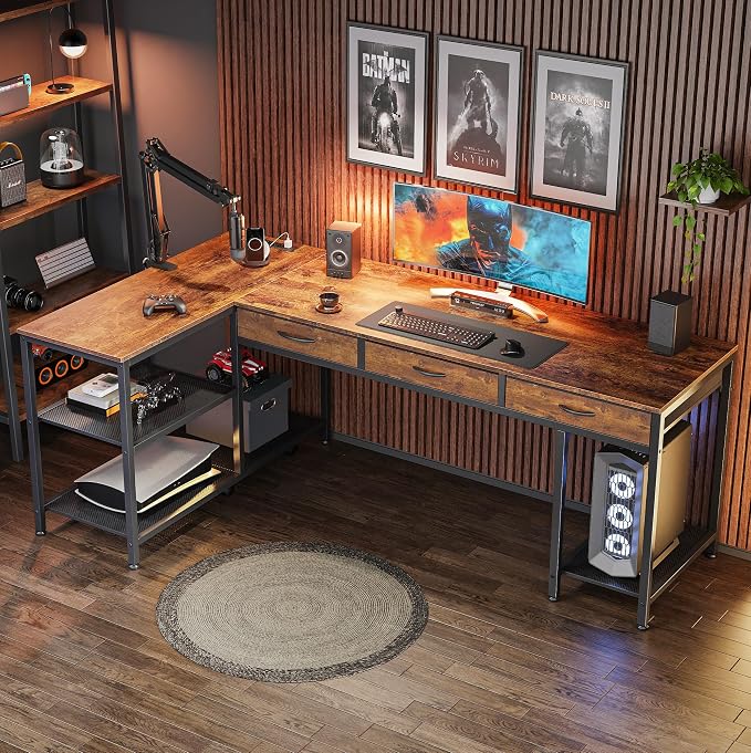 63 Inch L Shaped Office Desk with Power Outlets and Type-C Port, Large Computer Gaming Desk with 3 Fabric Drawers, Mesh Shelves, Corner Study Work Writing Desk, Rustic Brown